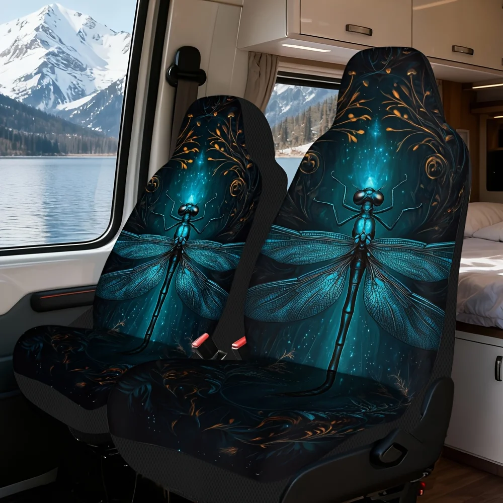 2pcs Universal Car Seat Covers Set, Mystical Blue Dragonfly Print, Trendy Vehicle Seat Covers. Fits Weekend Hiking Trips & Daily