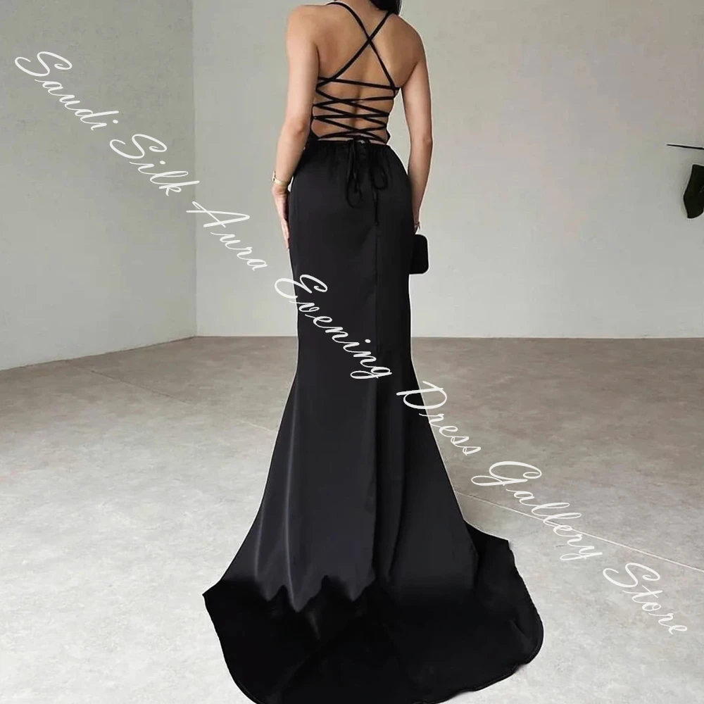 Customized Lace Up Back Panel Train Evening Dress Spaghetti Straps Satin Sleeveless Floor Length Straight Exquisite Solid Color 