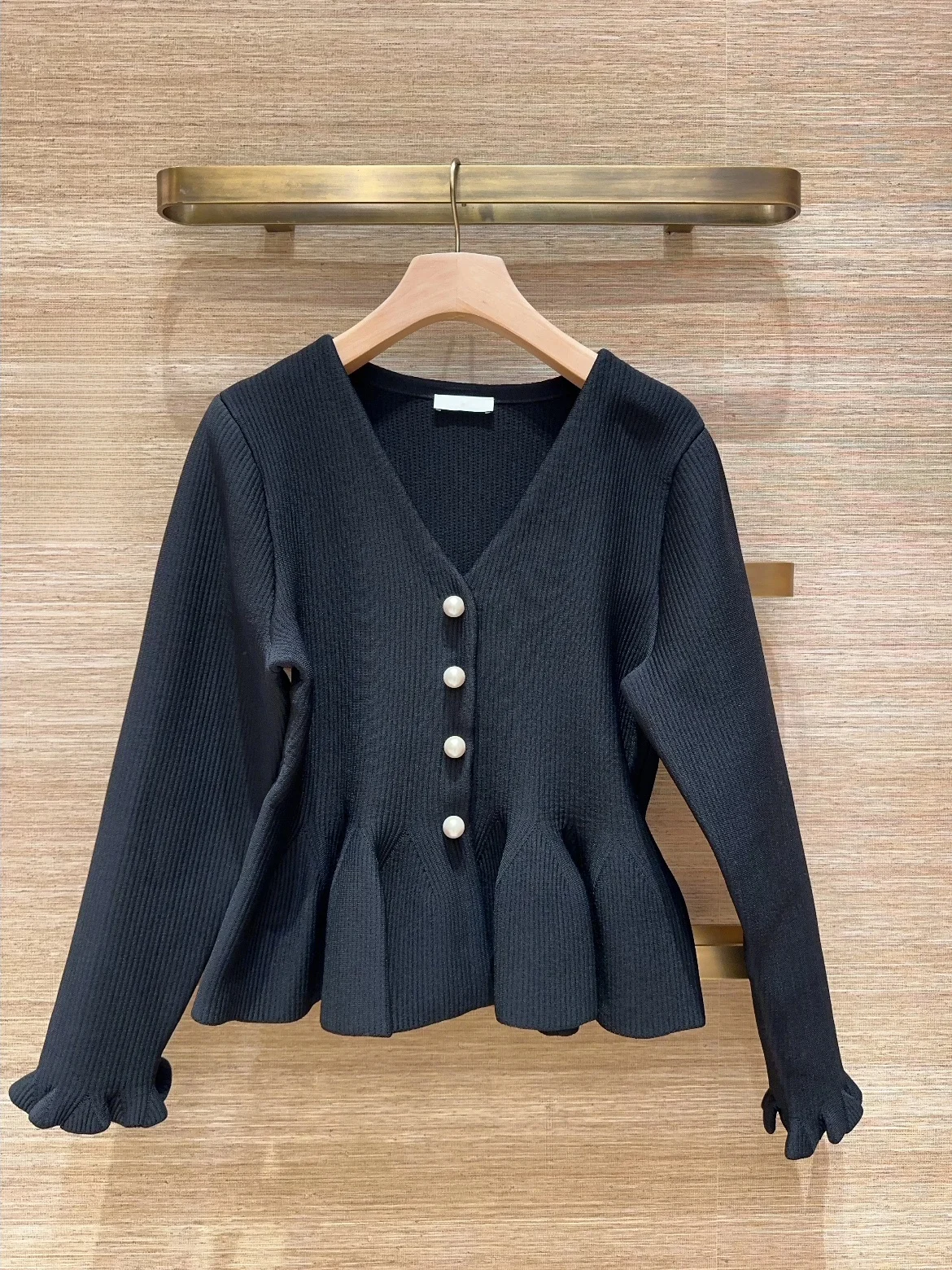 

Black V-neck Knitwear Pearl Button Hem French Style Polyester Blend Long Sleeve Cardigan Girl's Regular Fit Spring 2026