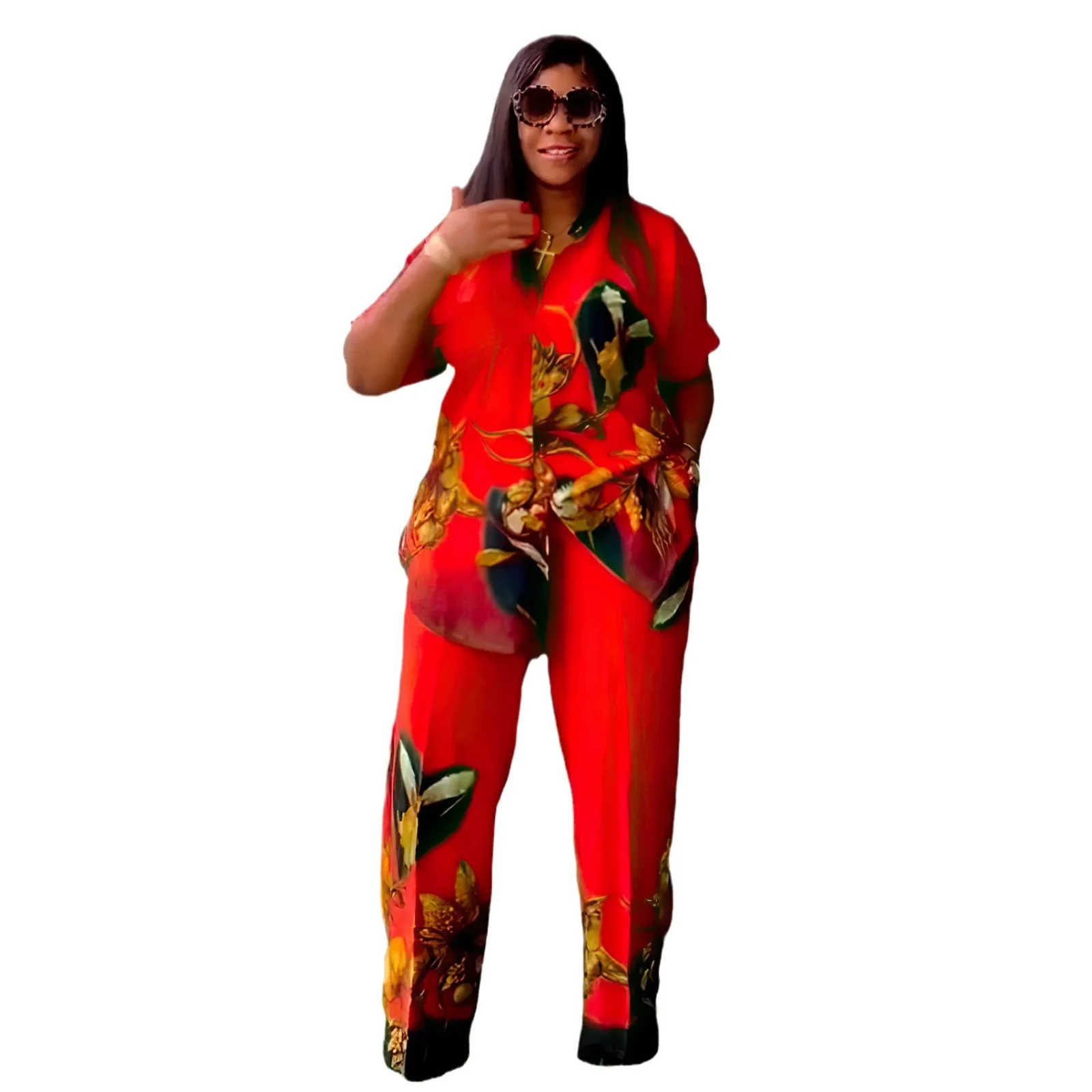 

2 Piece African Clothes for Women Summer 2024 Fashion African Short Sleeve Polyester Print Top Long Pant Matching Sets Outfits