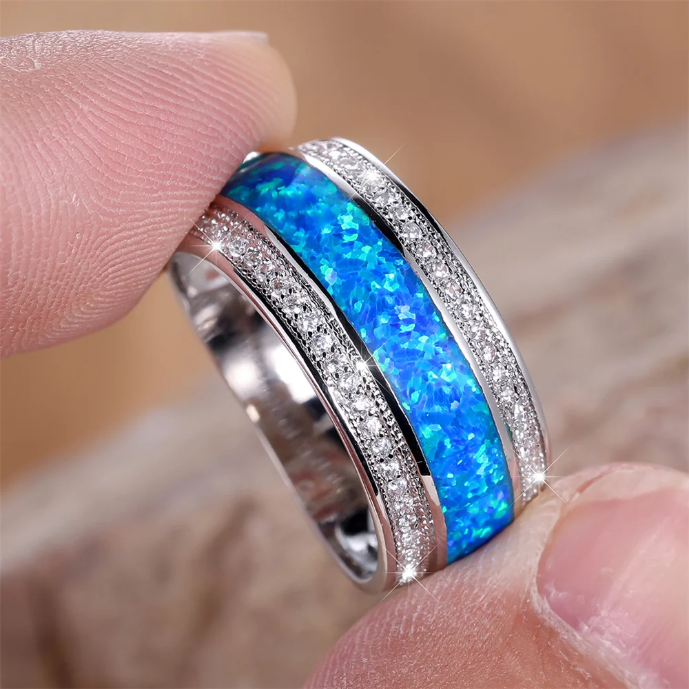 Stylish Blue Fire Opal Stone Rings For Women Classic Silver Color Wedding Band Engagement Jewelry Female Birthday Gifts