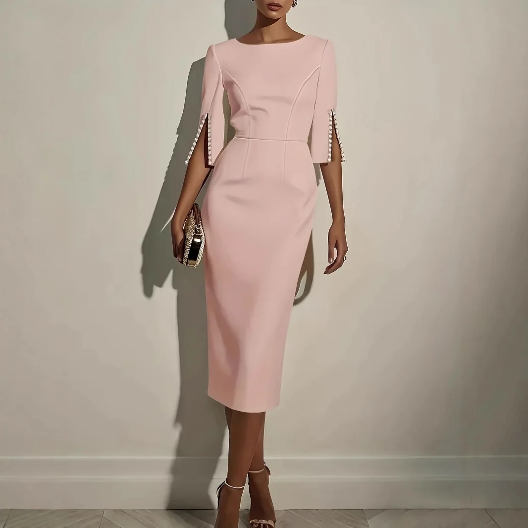 

New Solid Color Women's Dress Elegant Fashionable Spring Summer Round Neck Simple Three Quarter Sleeve Women's Dress