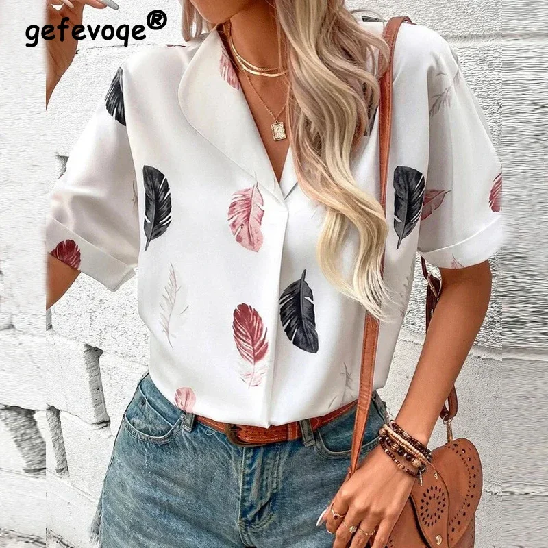 

Women's Clothing 2023 Summer Fashion Feather Print Short Sleeve Shirt Elegant Office Lady Casual Blouse Lapel Loose Tops Blusas