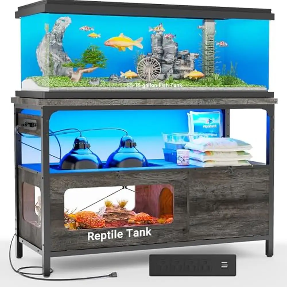 

55-75 Gallon Tank Stand with Outlet Storage LED Lights Versatile Aquarium Reptile Stand Charging Station Durable Metal Structure