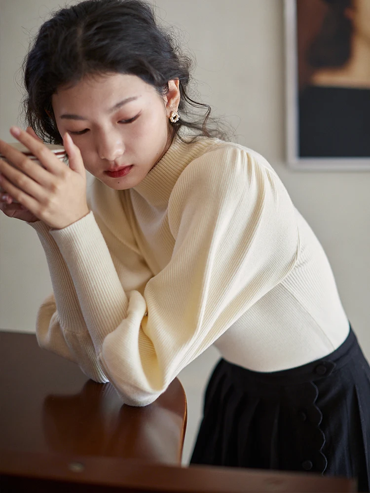 

Nesoulum Women's Knitted Base irt Semi-High Collar Lantern Sve Inner Wear Winter Vintage Sle Slim Fit Long Sve Top