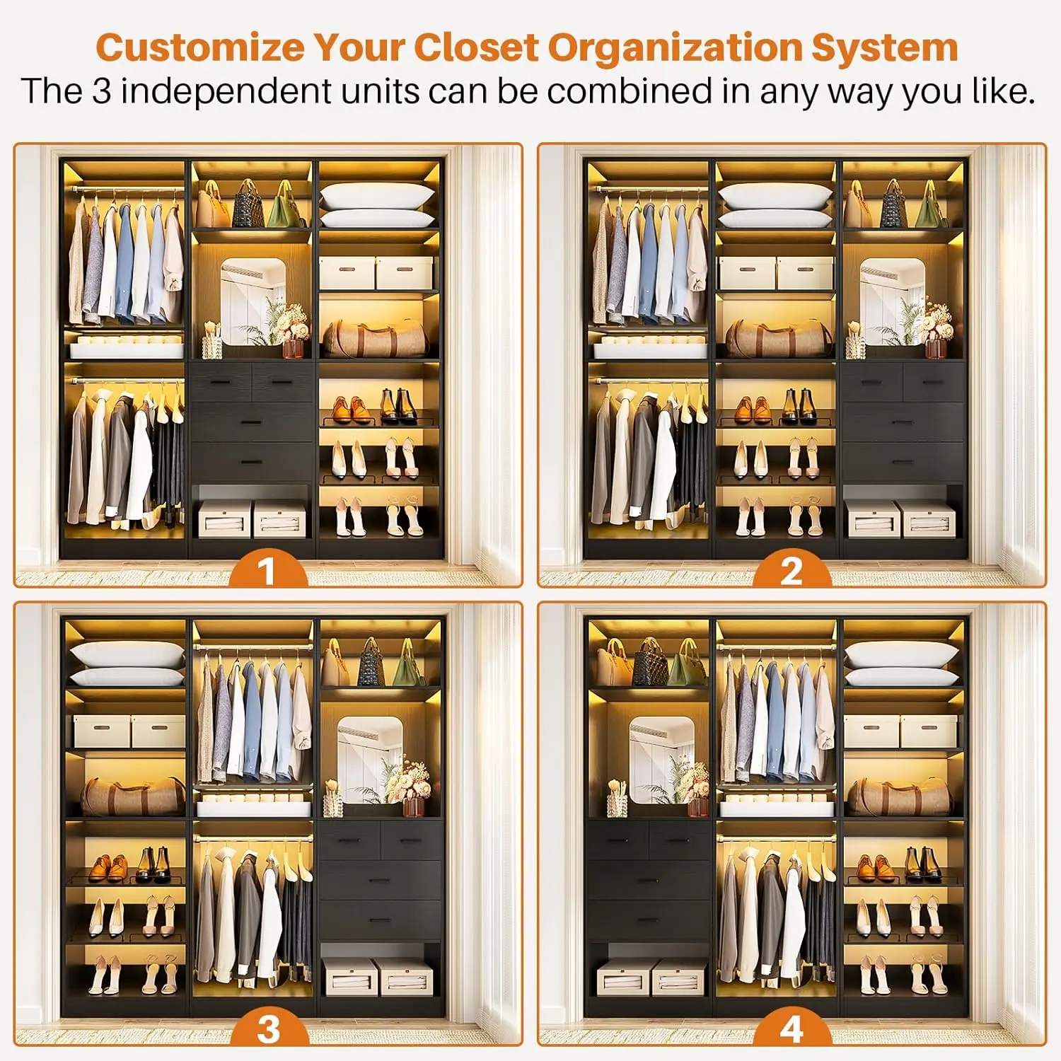 Unikito 75 Inch Closet Organizer System, Freestanding Closet Wardrobe With Hanging Rods And Drawers, Adjustable Shoe Storage