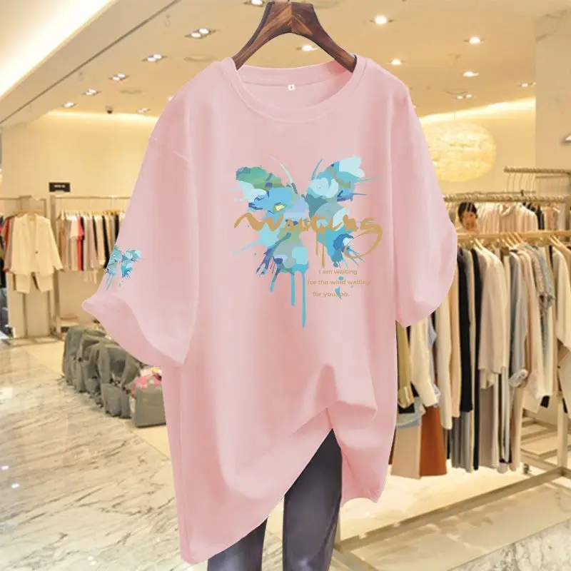 

Summer Loose Casual Comfortable Butterfly Printed T-shirt Women Short Sleeve O-neck Top Tees Pure Cotton M-6XL Basics Pullover