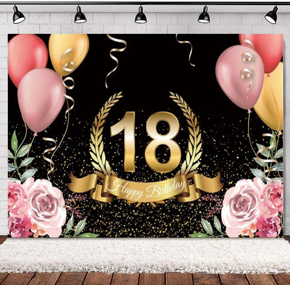 

Photography Backdrops Happy 18th Birthday Party Decorations Pink Flowers Balloons Glitters Wheat Custom Photo Background Posters