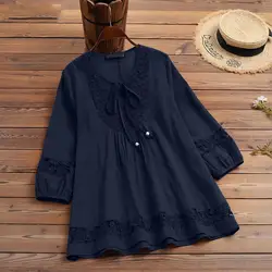 Women 3/4 Sleeve Holiday Lace-Up Shirt  Spring Lace Patchwork Blouse Bohemian Femme Fashion Casual Oversized Work OL Blusa