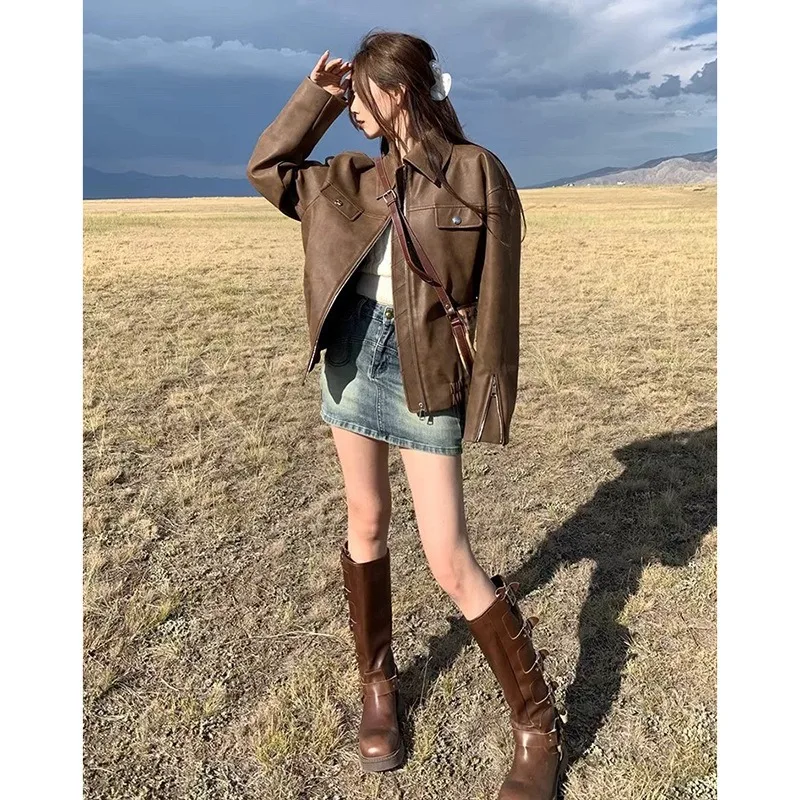 

2025 супер популярное пальто, кожаная куртка, модная пикантная женская куртка в стиле девушки, короткая женская куртка на толстой подошве, мотоциклетная кожаная куртка