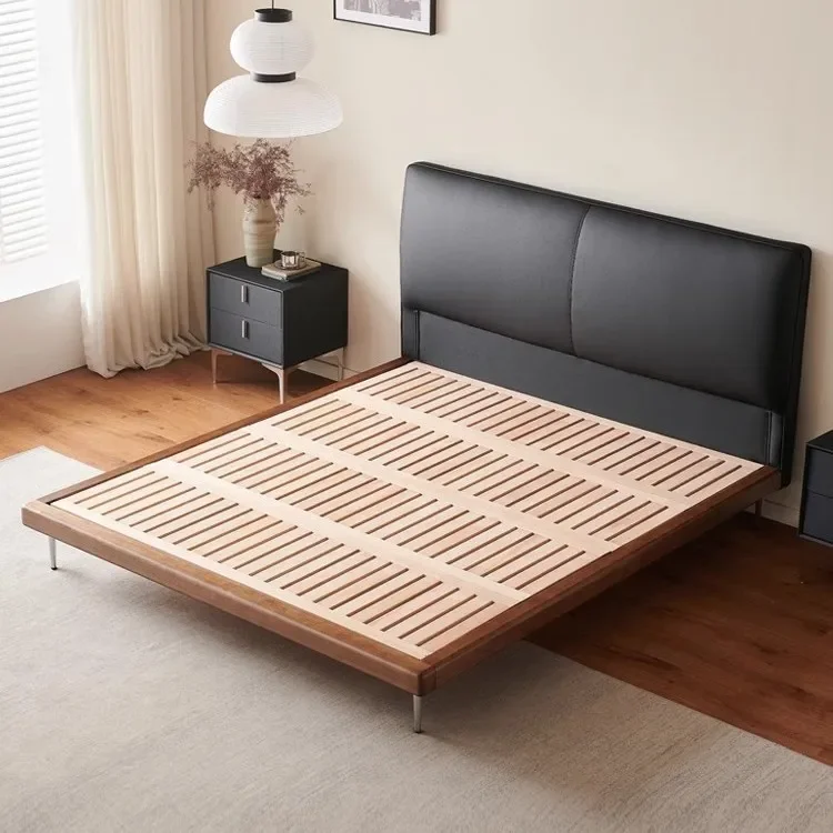 Leather bed, atmospheric double, master bedroom simple high end retro tofu block bed