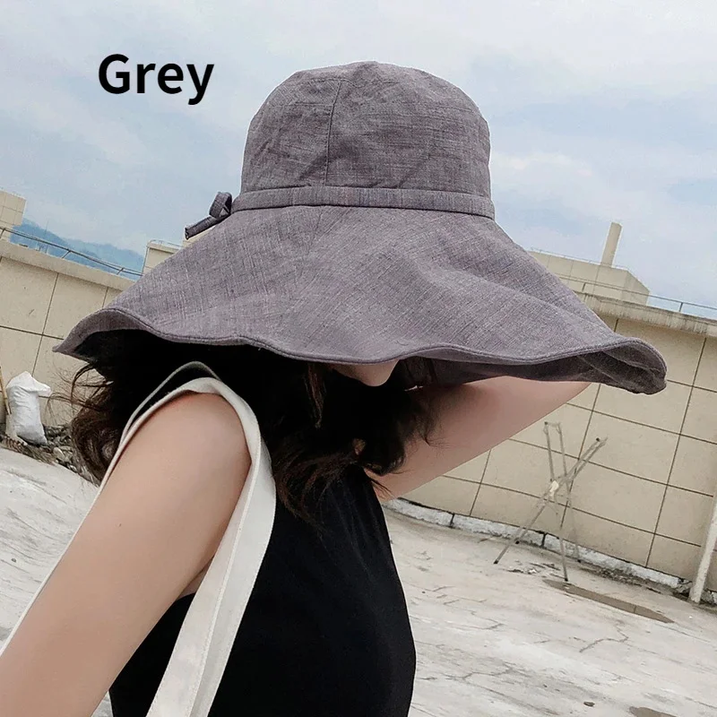 Summer Wide Brim 18cm Linen Sun Hats for Women Uv Protection UPF 50+ Sunshade Foldable Bucket Hat Beach Outing Panama