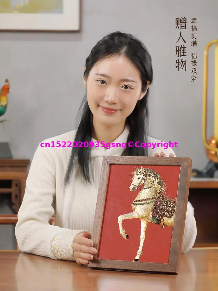 2026 home office GOOD mascot High end decorative  Copper Royal Horse painting with wooden frame Recruiting wealth good luck gift