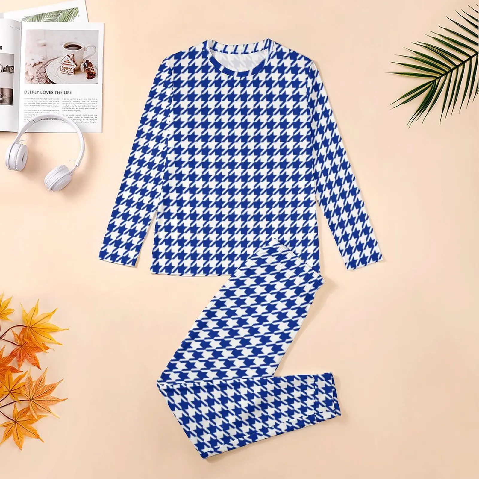 Blue Houndstooth Pajamas Classic Retro Print Man Long-Sleeve Pajama Sets 2 Pieces Bedroom Winter Design Nightwear Gift Idea