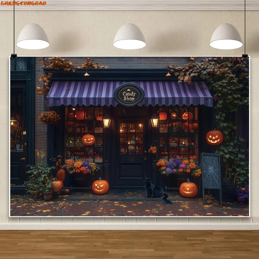 خلفية متجر حلوى الهالوين، فوانيس اليقطين، نباتات الأطفال الصغار، صورة عائلية، خلفية للتصوير الفوتوغرافي، دعائم استوديو الصور