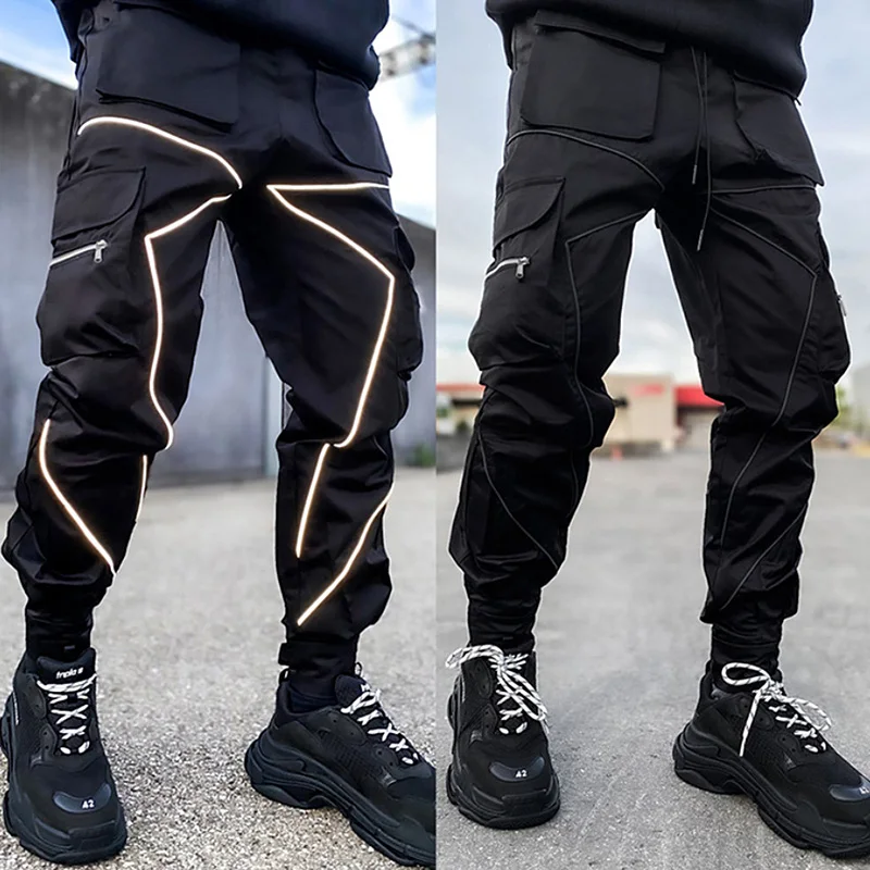 Mens Gym Jogging Cargo Pants Sweatpants Fitness Loose Trousers Hip Hop Clothing Casual Pants Male Reflect Sports Trackpants