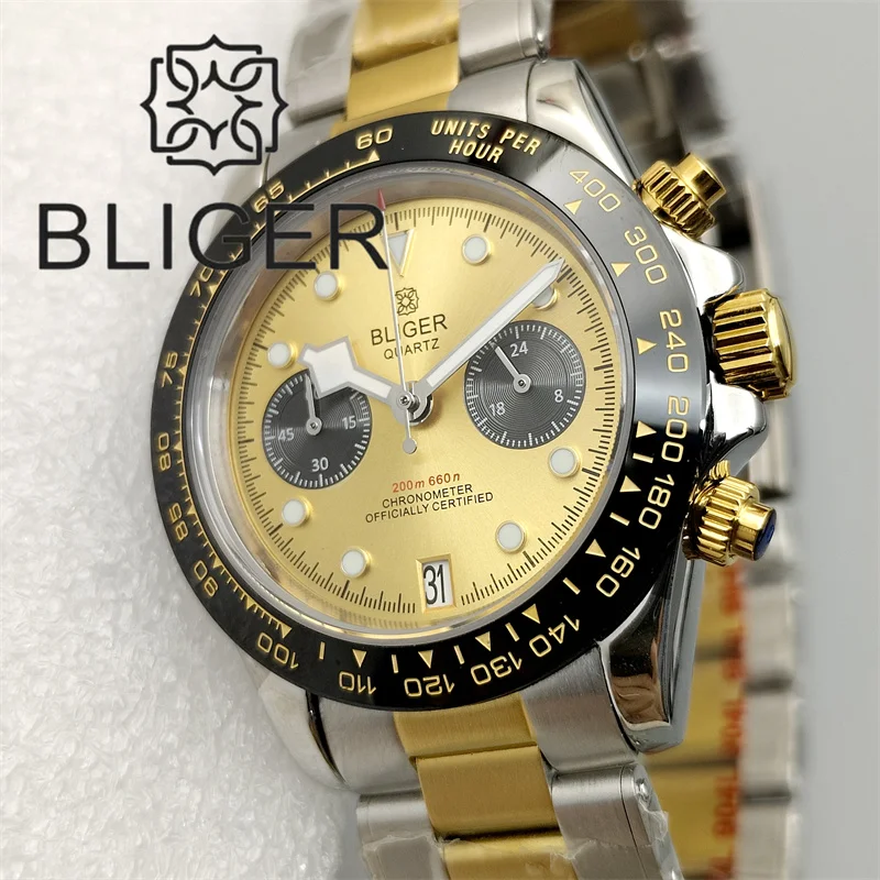 BLIGER 39mm Black Gold Bezel VK64 Quartz Chronograph Watch For Men Black Gold Dial Silver Gold Case Sapphire StanlessSteel Strap