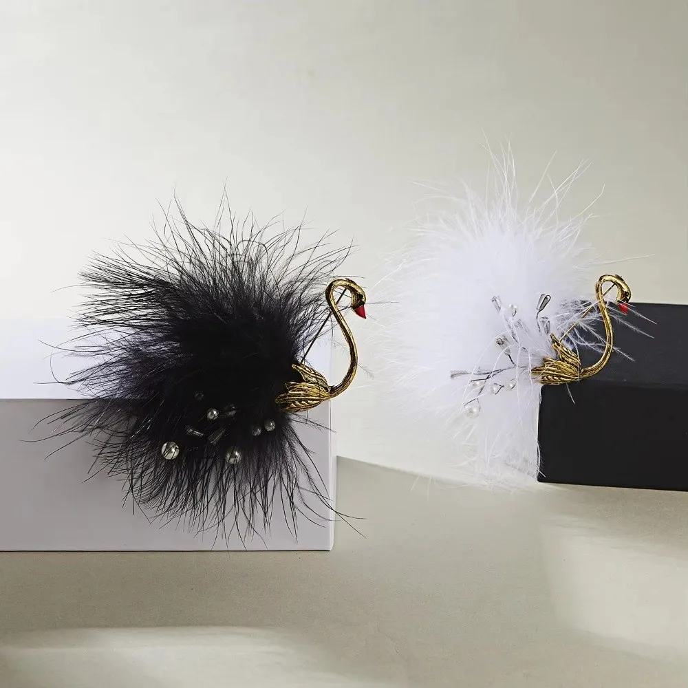 Black Memorial Black Women's Brooch Handmade Sparkling Crystal Rhinestone Feather Pearl Brooch Swan Anti-exposure Animal Pin