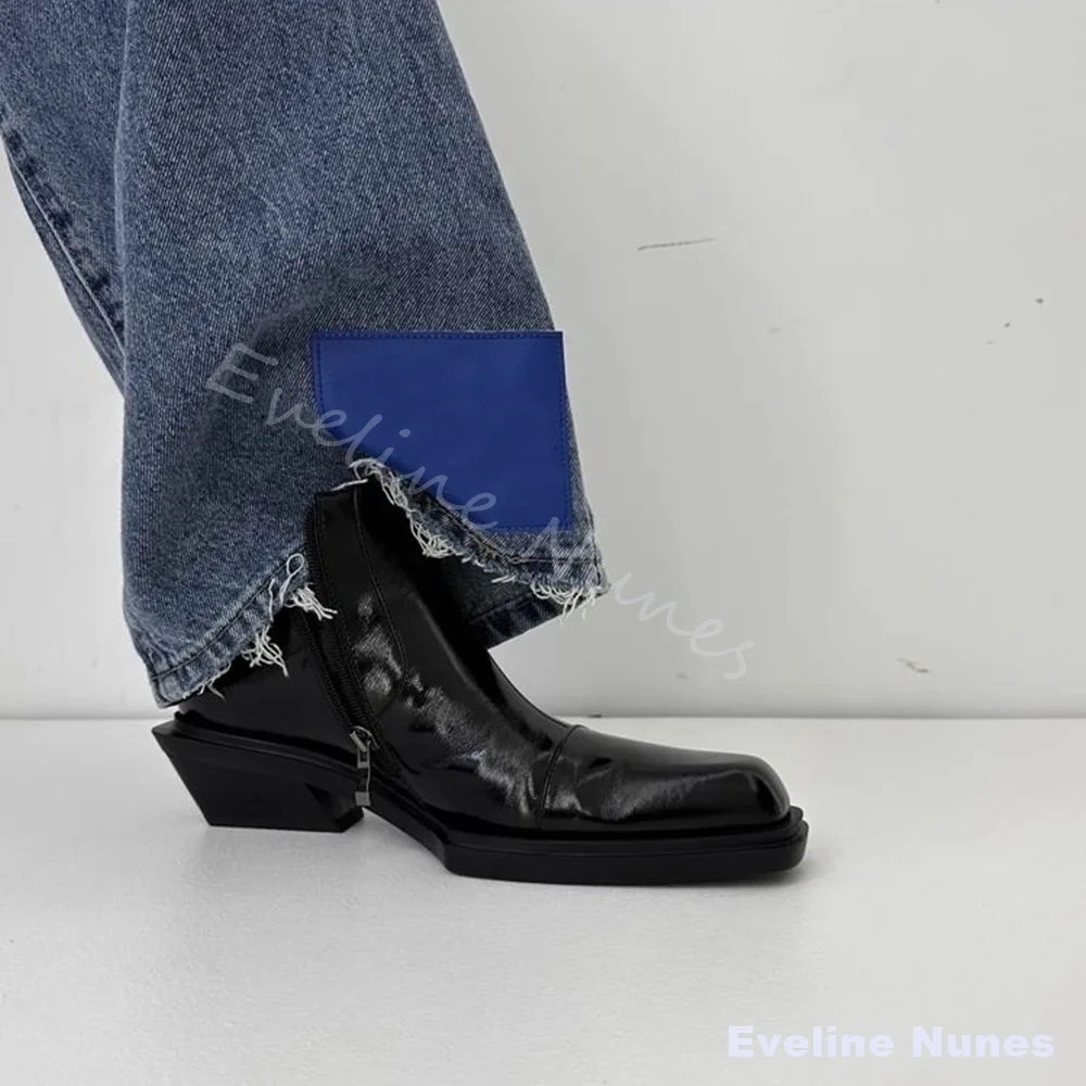Men Black Wrinkled Patent Leather Square Toe Ankle Boots Geometric Low Heel Chelsea Boots Fleece Lined High Top Winter Boots