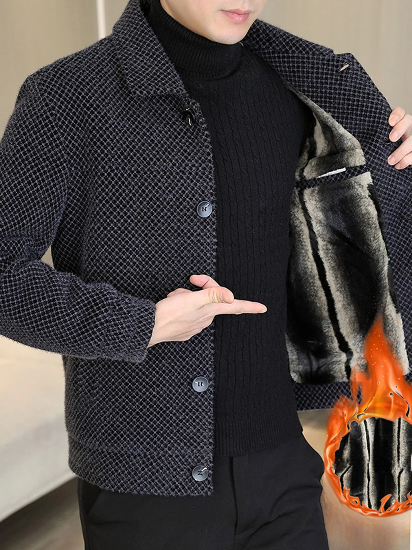 

Мужская зимняя шерстяная куртка с отложным воротником, утепленная, модная, городская, молодежная, из полиэстера и нейлонового волокна, на одной пуговице