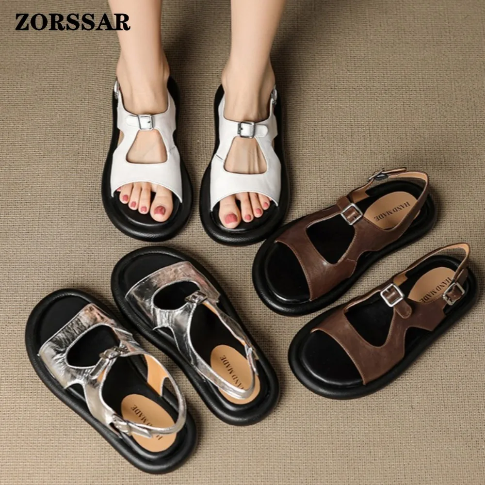 

Womens Open Toe Platform Casual Beach Sandals Retro Leather Ankle Strap Buckle Shoes Comfortable Thick Sole Summer Daily Shoes
