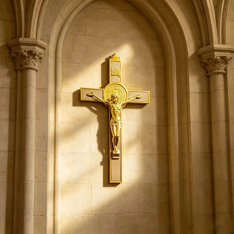 Gold Plated Wall Crucifix with Saint Benedict Medal & Jesus Corpus for Catholic Christian Church Altar Prayer Room Religious