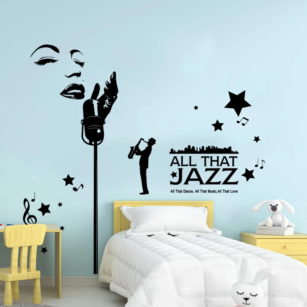 Jazz Band Singer Street Lamp Star Wall Sticker Kids Room Rock Music Dance Beauty Girl Wall Decal Bedroom Girl Room Decor