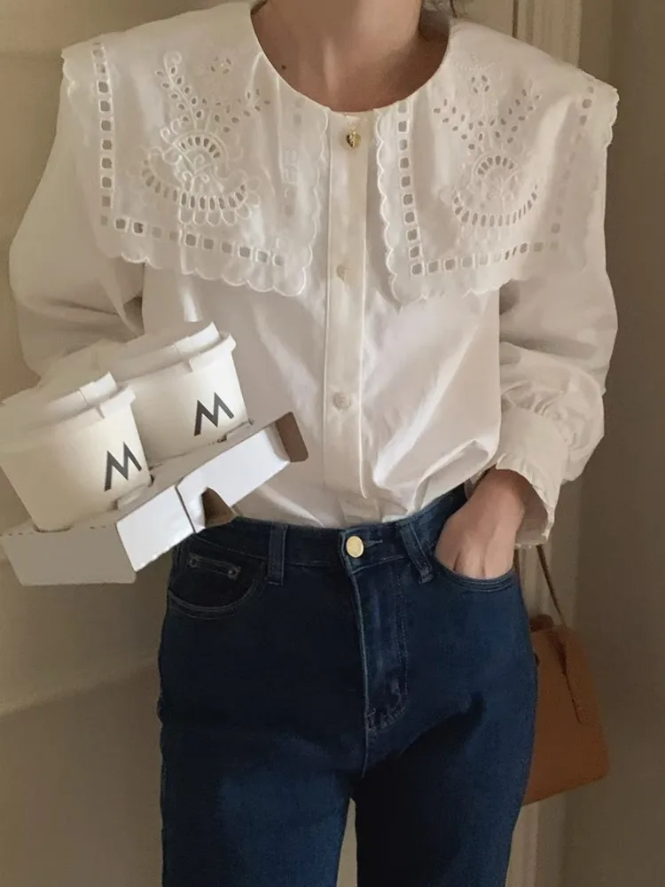 White Shirts Woman 2023 Autumn New Fashion Hollow Out Embroidery Korean Loose Blouse Elegant Chic Ruffle Button Up Shirt Femme