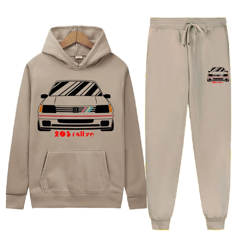 Men\'s 2Pcs Sets Fleece Sweatshirt Hoodies Pants Retro Wrc Rose 205 Gti CAR Rallye Racing Male Sportswear Tracksuits Unisex Ensem