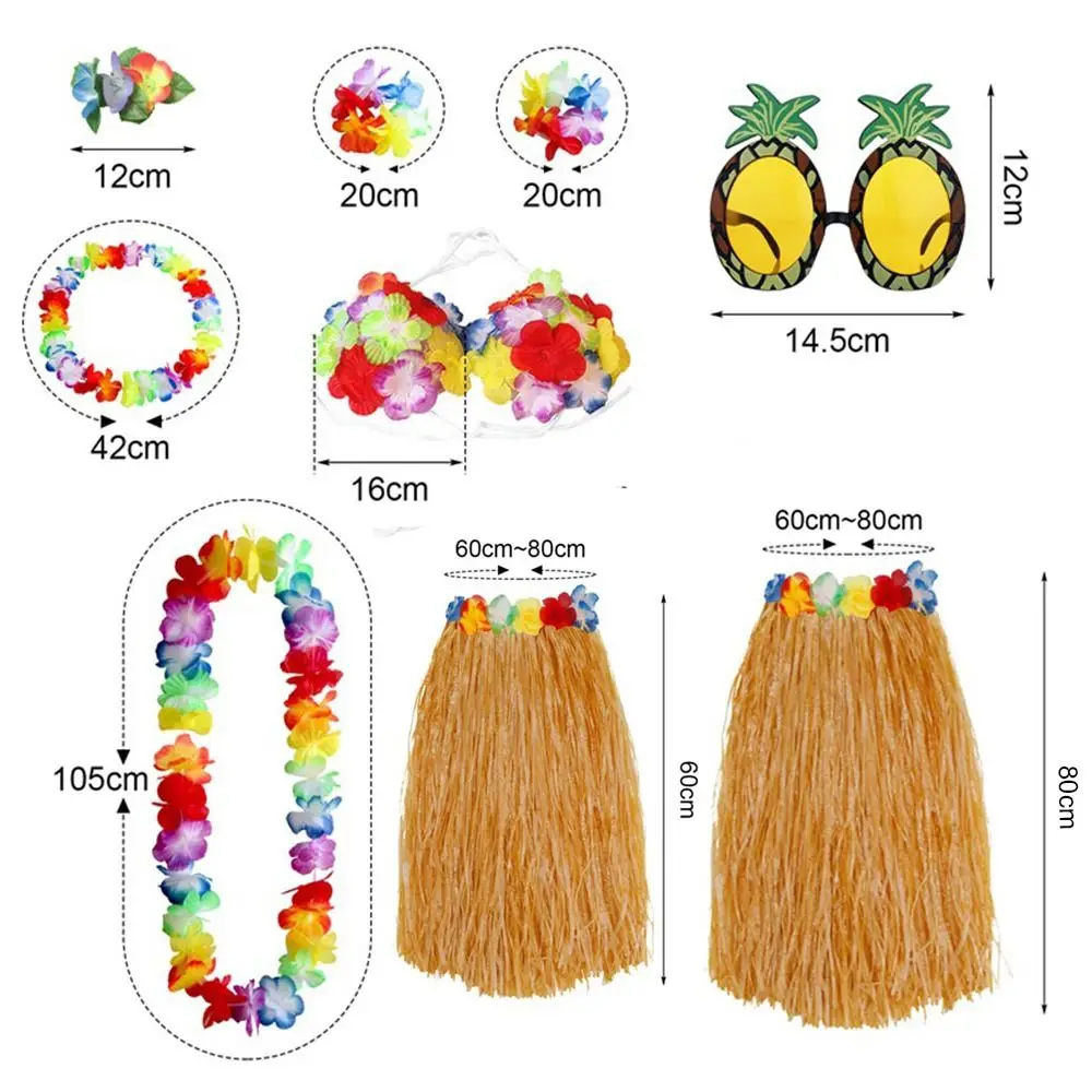8 sztuk / zestaw Dekoracja imprezowa Okulary Naszyjnik Opaski na rękę Hawajska spódnica Hula Zestaw Fancy Dress Opaska na głowę Kostiumy Akcesoria imprezowe