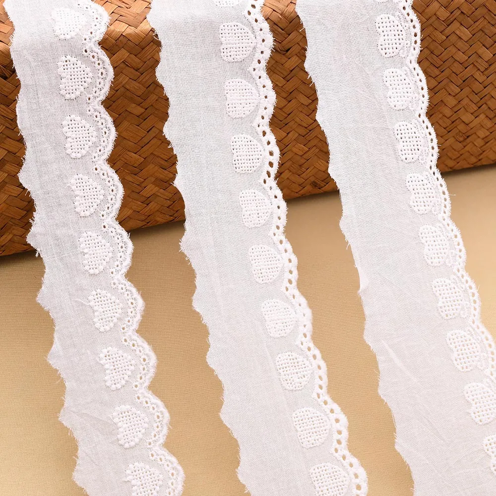 15 Yards Heart Flowers Dots Embroidery Cotton Hollow Lace Bow Off White/Beige Ribbon Hair Bows DIY Crafts Handmade Accessories