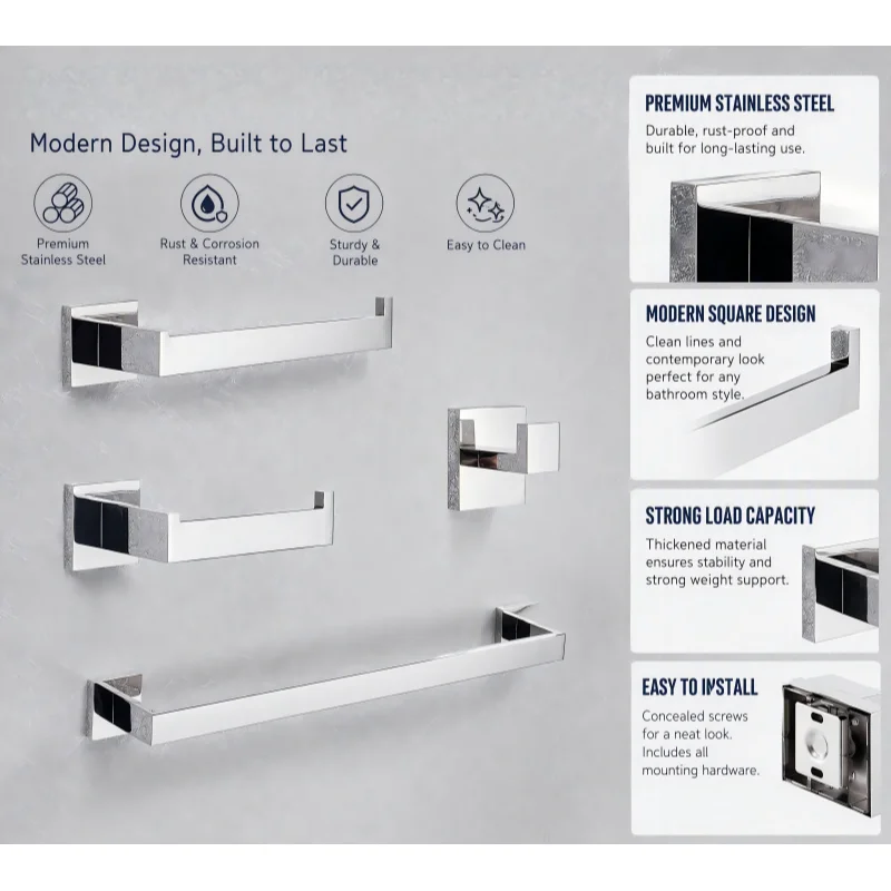 4-Piece Stainless Steel Bathroom Hardware Set, Towel Bar and Towel Rack, Square Tube Wall Mount Bathroom Accessories Kit