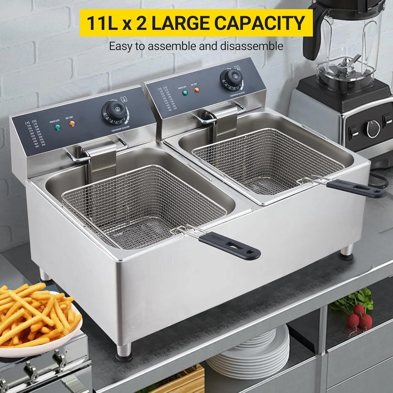23.2QT/22L Commercial-Grade 3400W Deep Fryer- 304 Stainless Steel Electric Fryer with 2 Extra-Thicker Baskets, Splash Guard Lid