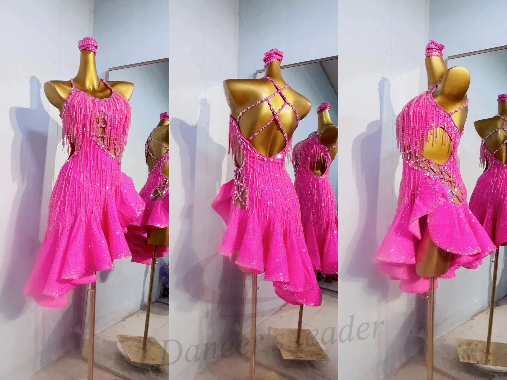 Latin Dance Competition Color Version High-end Custom Hanging Neck with Diamond Pink Skirt Samba Performance Blackpool dress