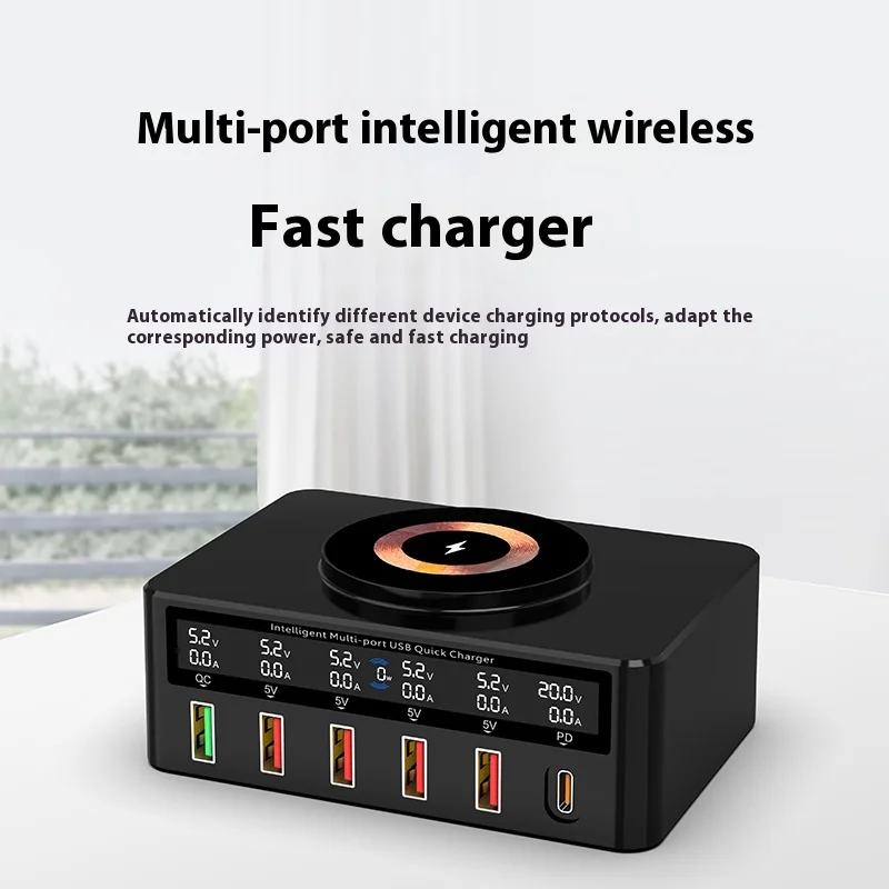 15W wireless charging fast charger USB-C PD 6-port USB desktop QC3.0+PD magnetic wireless charger for iPhone14 13 Samsung laptop