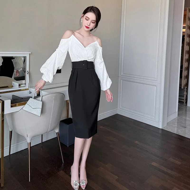 

Women's Dresses Belted Lantern Sleeve Black Office Lady Clothing Fashion Off Shouder V Neck Puff Sleeve Female Sexy Dress