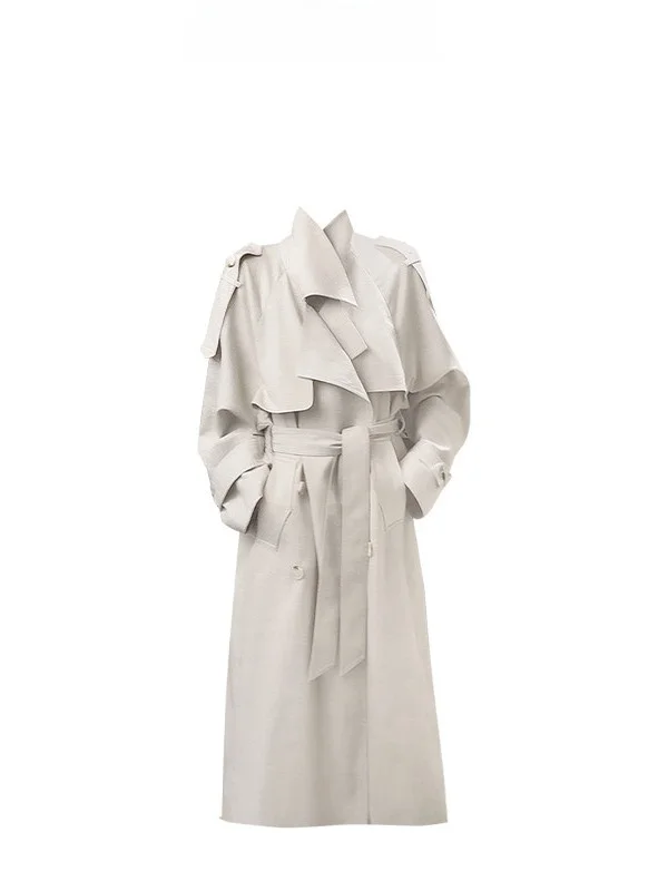 

Classic Korean Style Double Breasted Long Coat with Stand Collar Autumn Texture Sensation Commute Straight Cut Long Sleeve