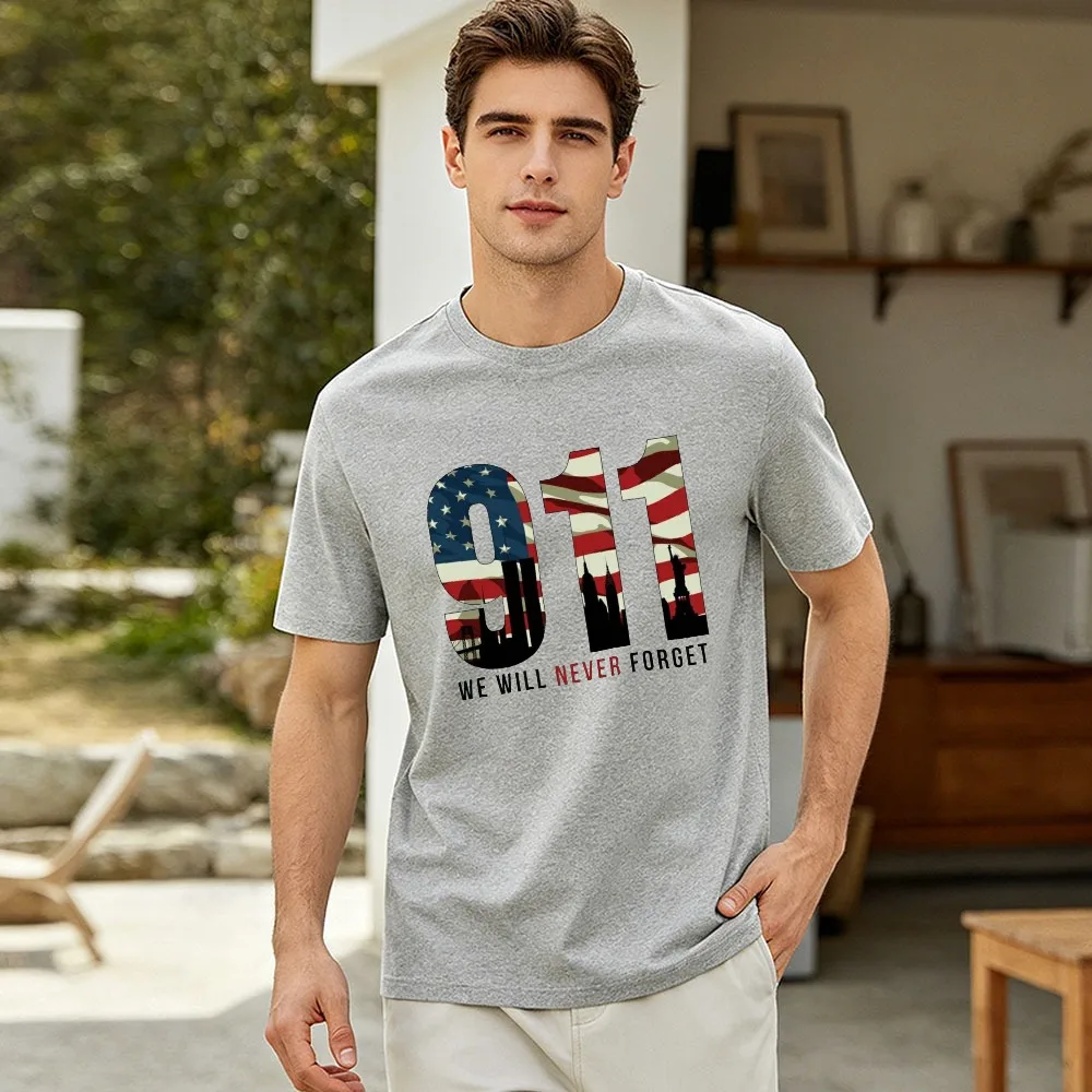 Camiseta gráfica con diseño de las Torres Gemelas y la bandera de EE. UU., 9.11, no la olvidaremos nunca, camiseta patriótica conmemorativa del 11 de septiembre, camiseta de algodón suave de manga corta para hombre