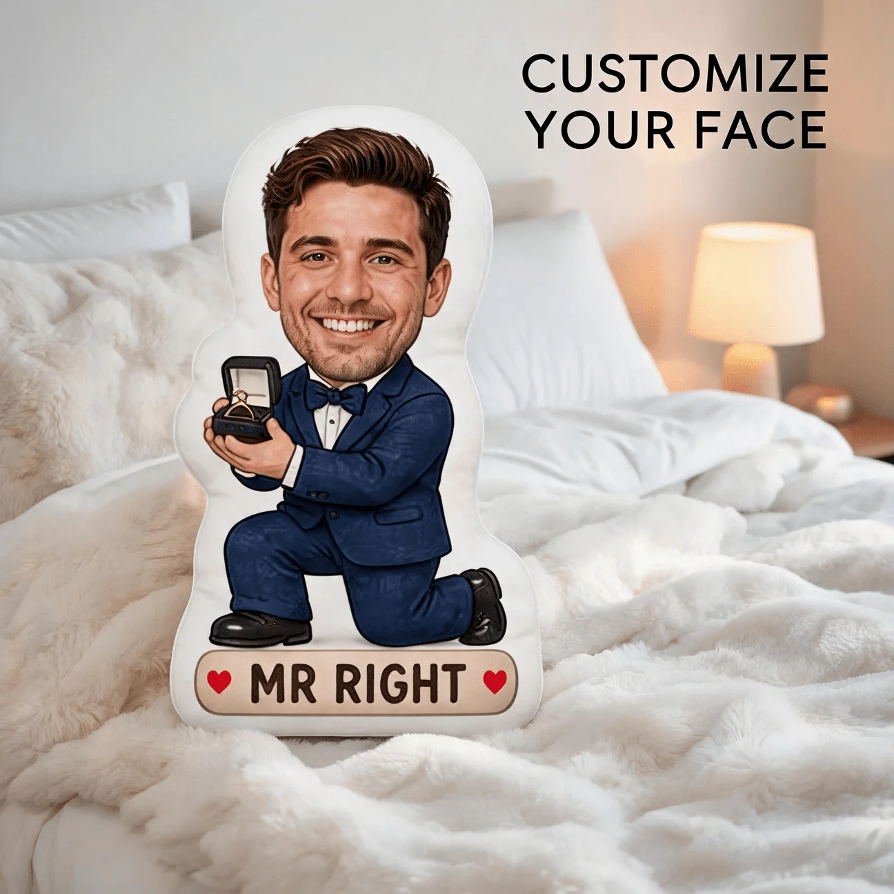 Custom Photo Proposal Shaped Pillow, Personalized Groom in Blue Suit Holding Ring Box Decorative Cushion, Mr. Right Home Decor A