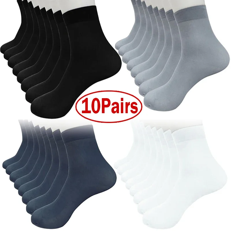 10Pairs Bamboo Fiber Men\'s Socks Summer Thin Stripe Elastic Breathable Long Sock Men Silk Sports Socks Business Crew Socks