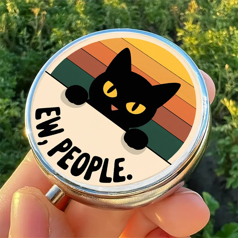 1 Two-Dimensional Flat Pill Box with a Black Cat and Rainbow Background, Printed with the Words 