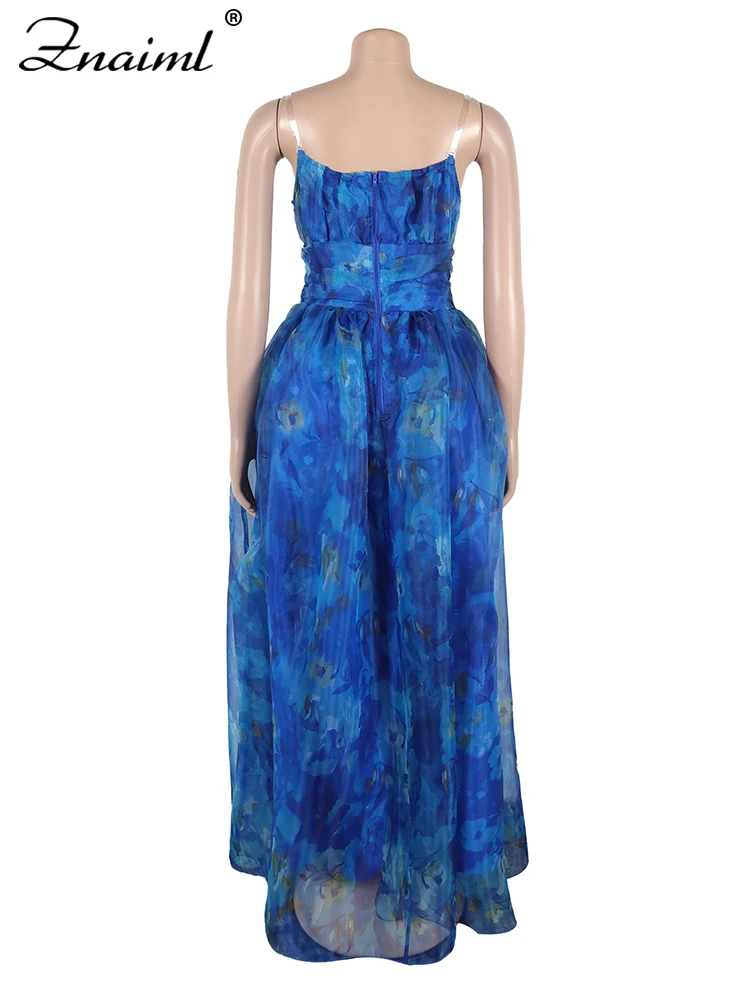 Znaiml Damesmode Mesh Patchwork Print Spaghetti Mouwloos A-lijn Blauwe Jurk Casual Vakantie Boho Avond Maxi Vestido