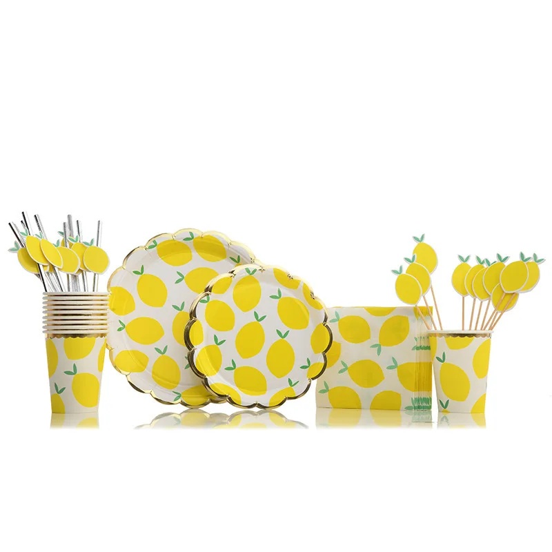 1set Lemon Themed Disposable Tableware Paper Straw/Cups/Banner for Lemon Themed Summer Pool Birthday Party Decorations