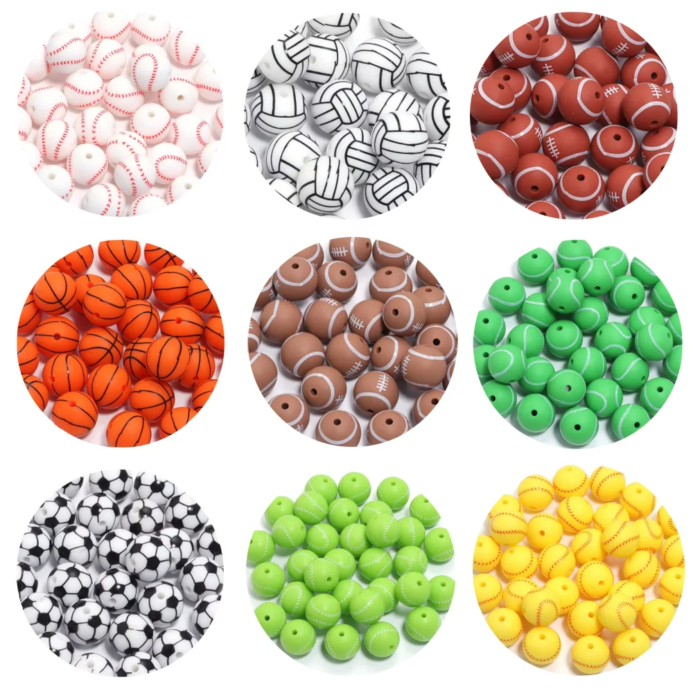 

LOFCA 10Pc Printed Silicone Beads Round 15MM Soccer Baseball Tennis Basketball Silicone Teether DIYpacifier chain Accessories