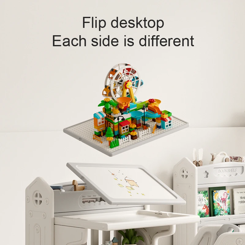 Children's study table 4 in 1 plastic activity table converted into building block play table art easel and folding bookshelf
