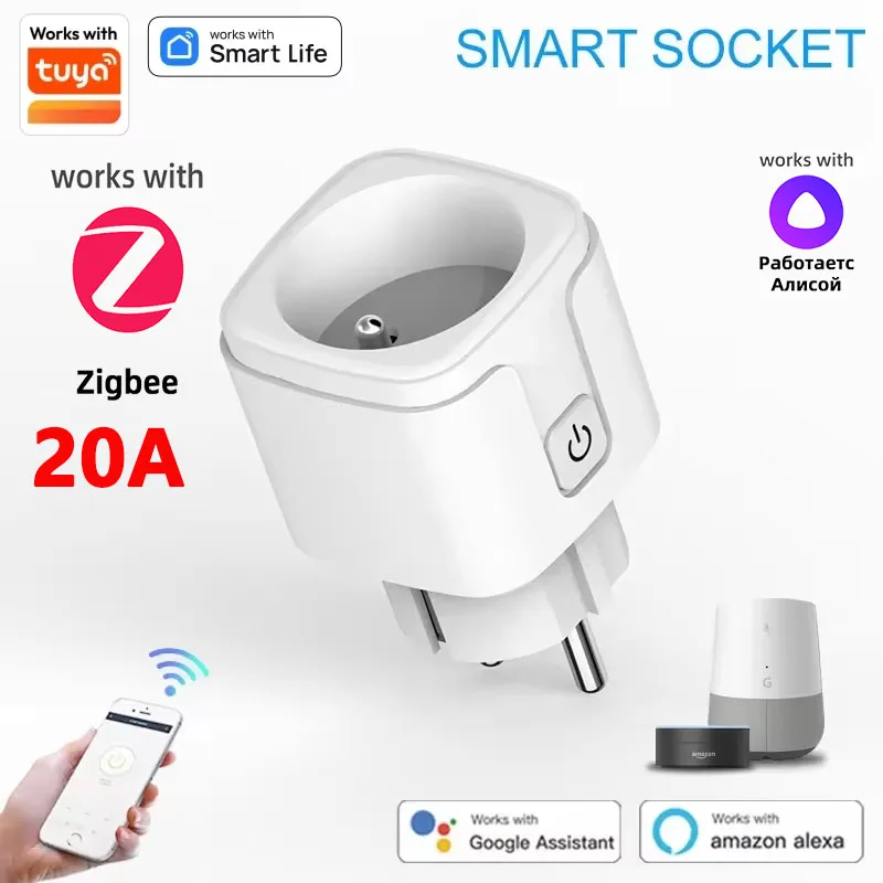Zigbee 3.0 16/20A EU Smart-Steckdose mit Stromüberwachung, Sprachsteuerung und Timer-Funktion, Kompatibel mit Tuya, Alexa, Google Home und Smart Life