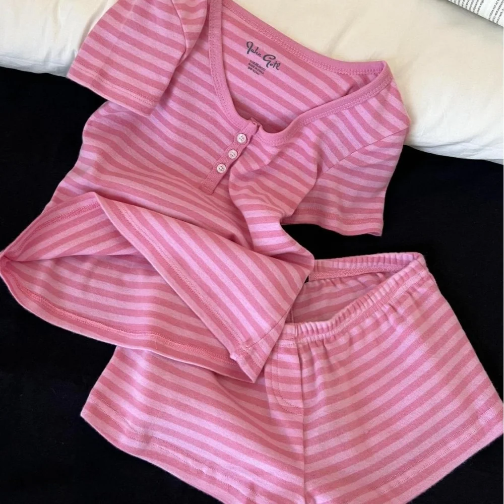Pink Striped Short Sleeve T-shirt Shorts Set Women's Summer Camisole Suit Casual Cute Pajama Home Outfit Matching Two Piece Set view 2