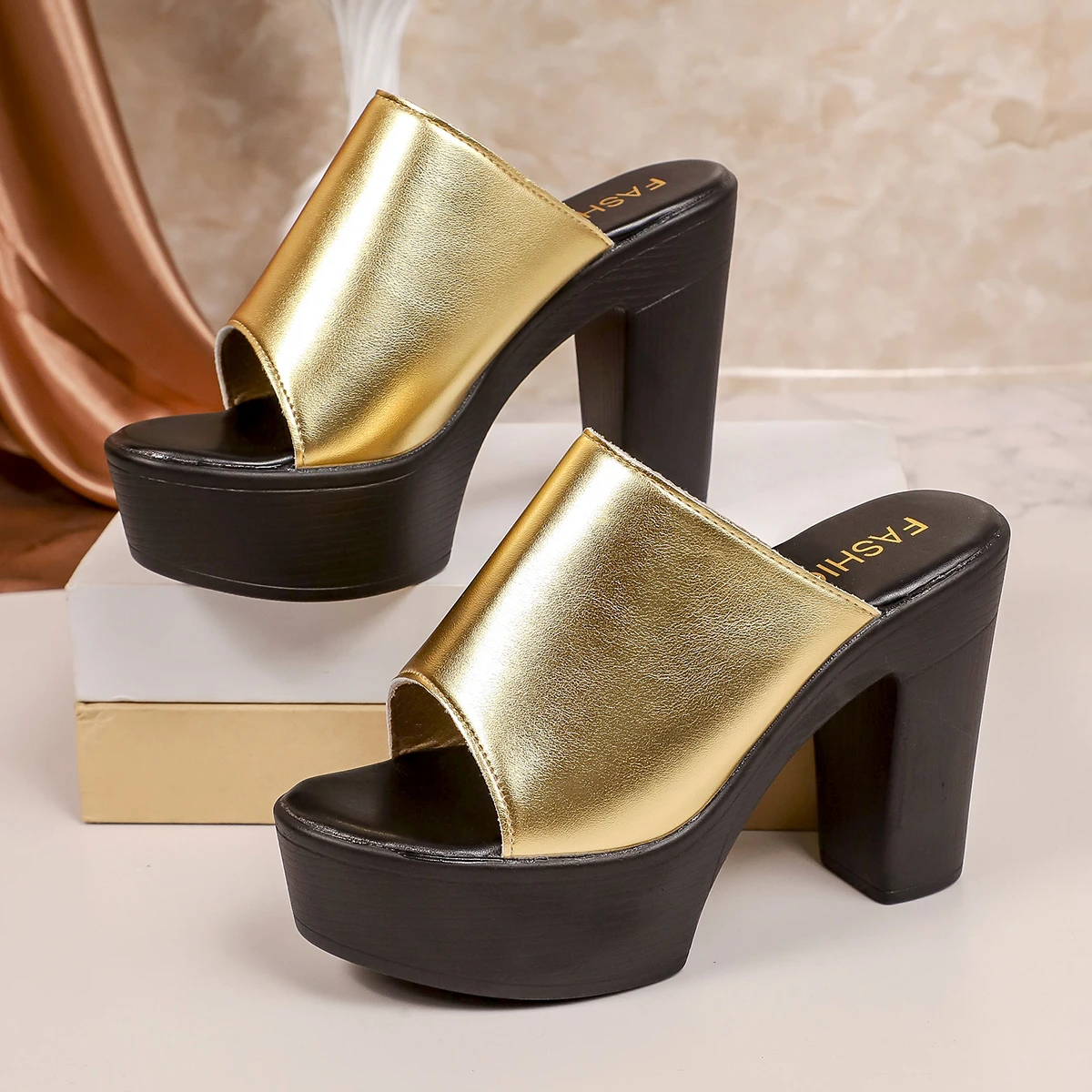 

Summer Women Mule Shoes Solid Color Chunky High Heel Casual Woman Open Toe Platform Sandals Leisure Fish Mouth Woman Heel 10cm