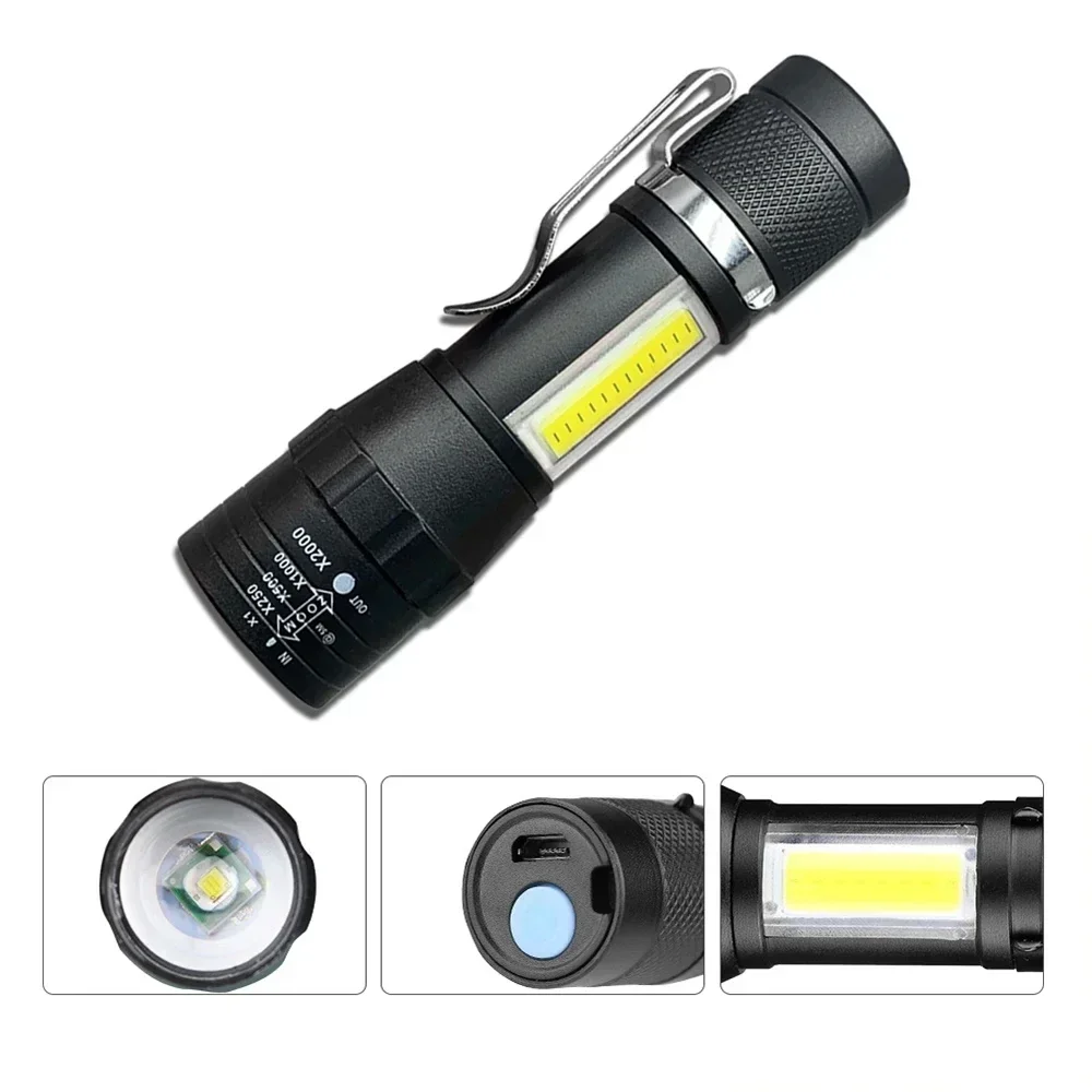 COB+XPE Mini Portable Flashlight Zoomable Small Torch USB Rechargeable Outdoor Camping Fishing Long Range Emergency Lantern