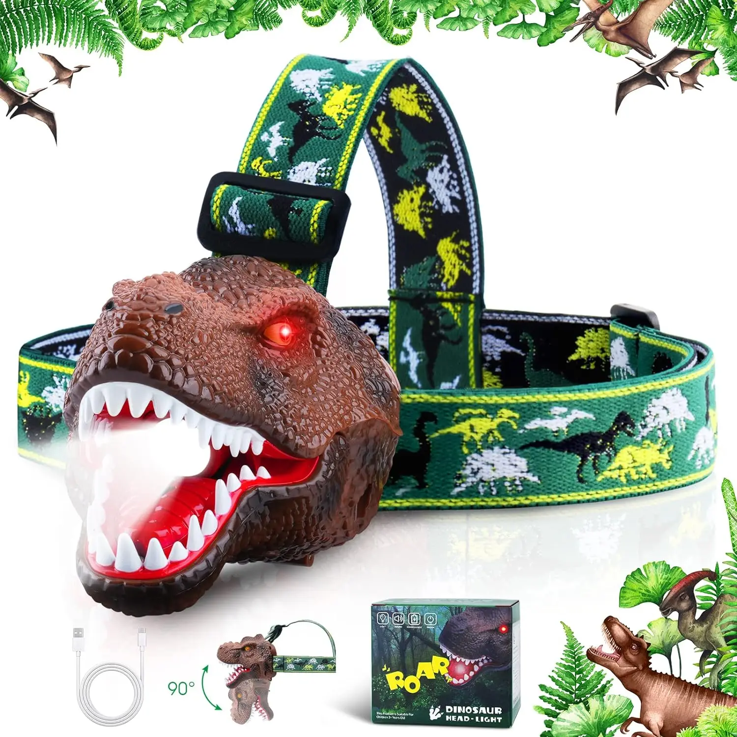 Dinosaur Headlamp Flashlight Rechargeable Led Headlights Roar & Silent Mode, T-Rex Dinosaur Head Lamp, Camping Gear Great Gift